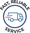 Blue outline of a delivery truck inside a circle, with two red speed lines indicating fast movement.