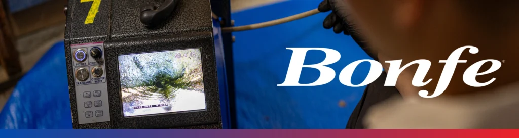 A person operates a video inspection device displaying an internal pipe view, with the Bonfe logo overlaid on the right side of the image.