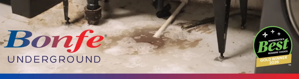 Water pooling and suds spreading on a floor near pipes and furniture, with a Bonfe Underground logo and a Minnesota’s Best 2026 Gold Winner emblem.